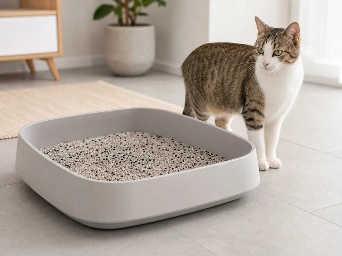 Cat litter blended with activated carbon granules, with a tabby cat standing beside the tray