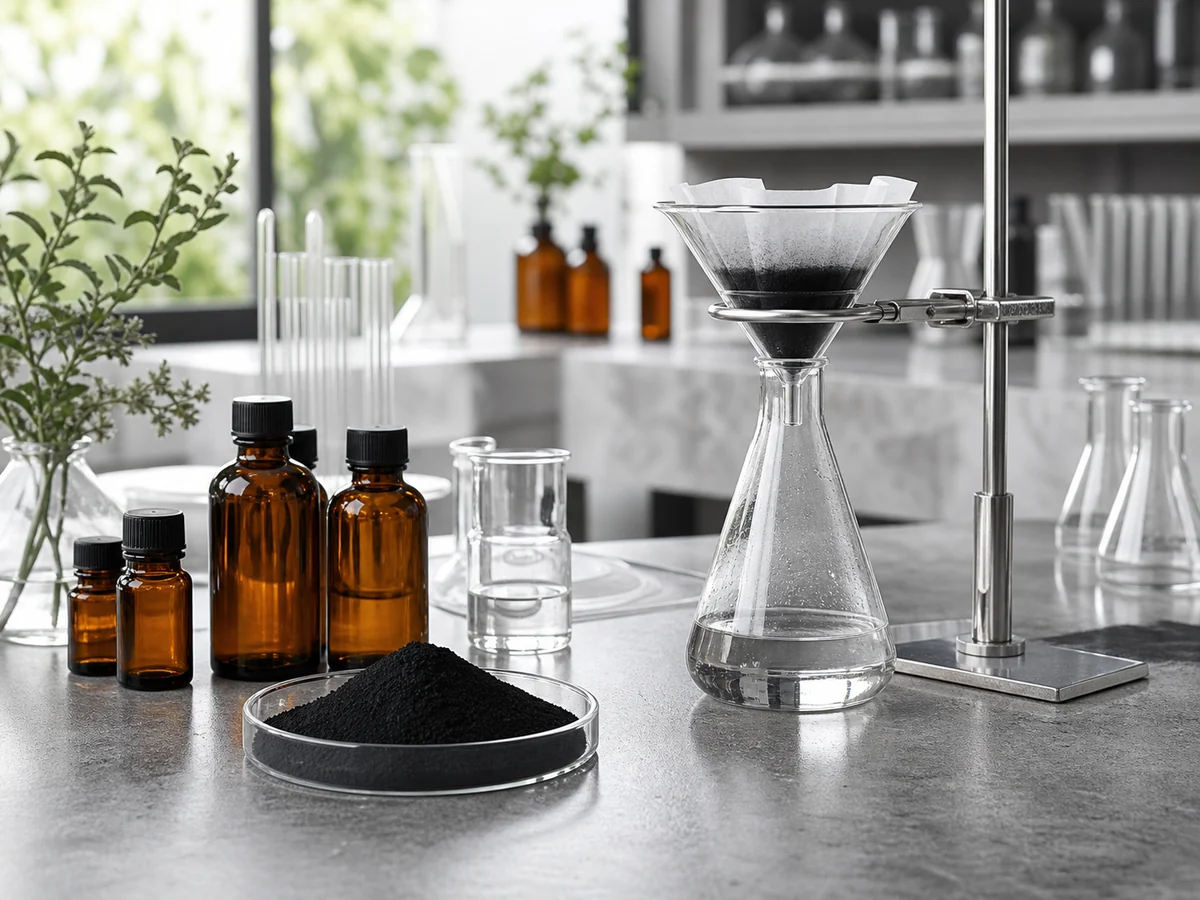 Cosmetics lab with amber bottles and a filtration funnel holding powdered activated carbon