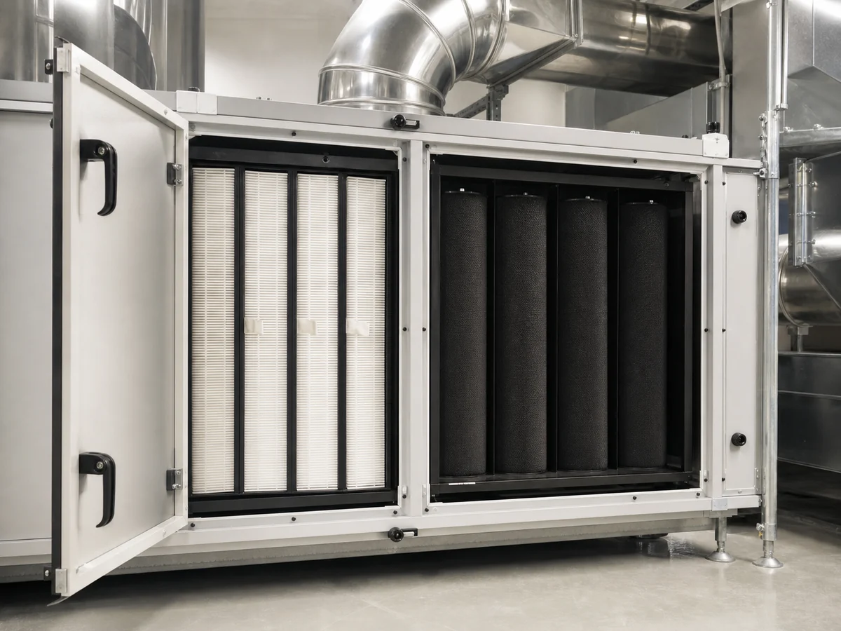 Industrial air handling unit with HEPA panel filters and black activated carbon cartridges