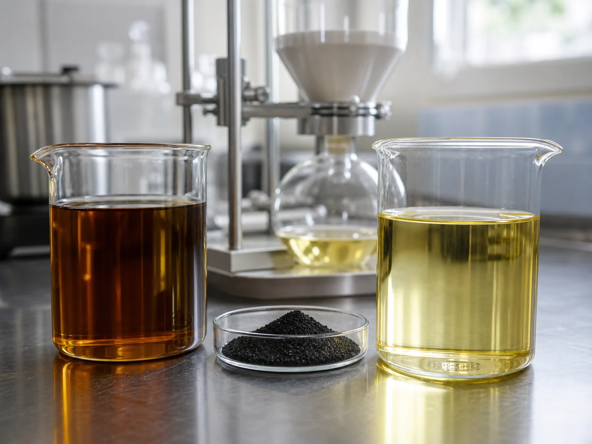 Lab beakers of dark crude and light bleached edible oil with powdered activated carbon between them