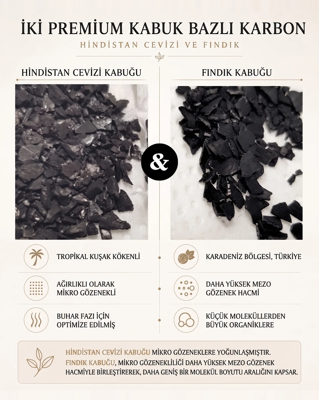 Hindistan cevizi kabuğu ve fındık kabuğu aktif karbonunun karşılaştırması: köken, gözenek yapısı ve kapsanan molekül aralığı