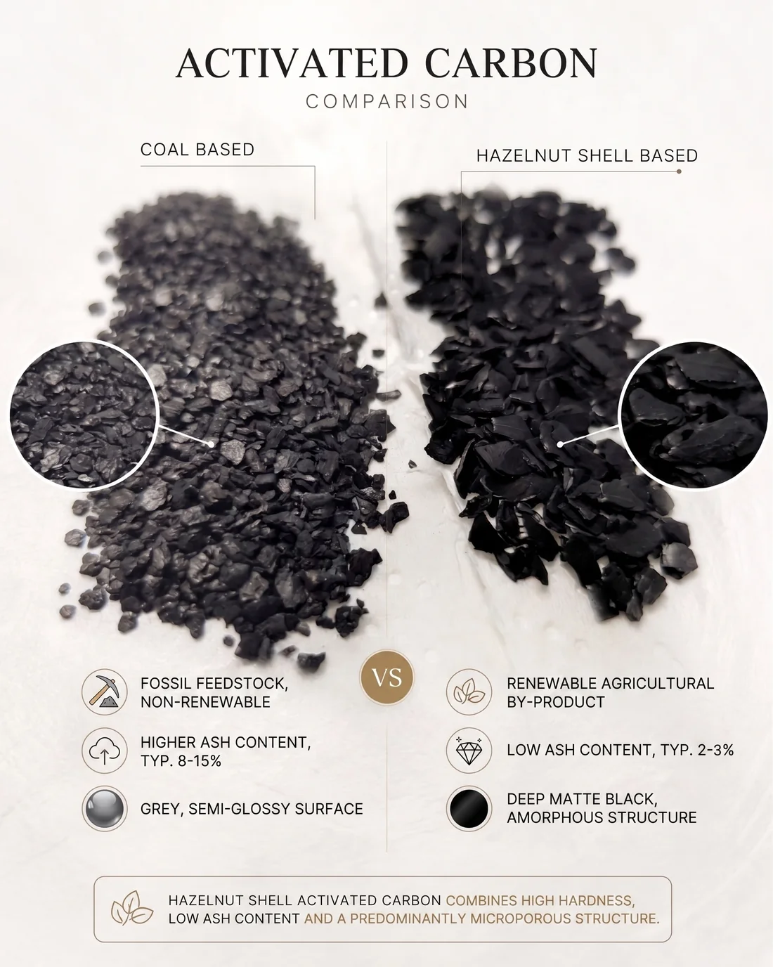 Coal based and hazelnut shell based activated carbon side by side: feedstock, ash content and surface appearance