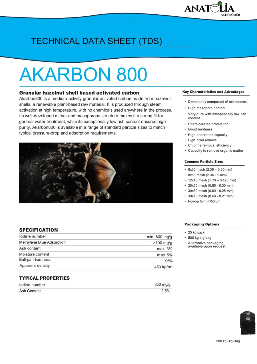 AKARBON 800 technical data sheet preview
