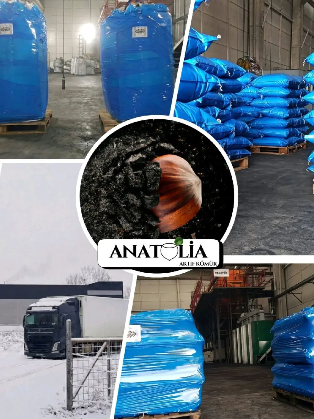 Frames from the facility: big-bag storage, sack stacks, reactor line and winter shipment