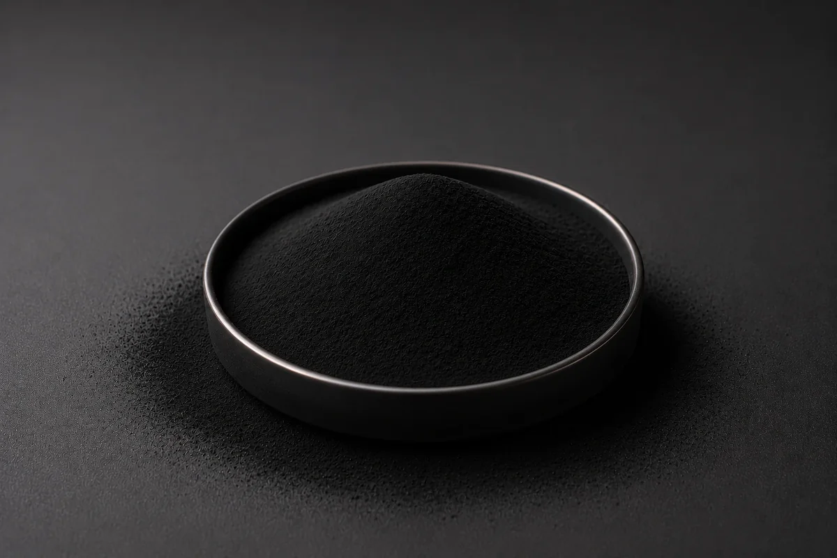 Hazelnut-shell powdered activated carbon, sub-150-micron black powder